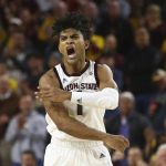 Arizona State guard Remy Martin celebrates a score against Arizona during the second half of an NCAA college basketball game Saturday, Jan. 25, 2020, in Tempe, Ariz. Arizona State defeated Arizona 66-65. (AP Photo/Ross D. Franklin)