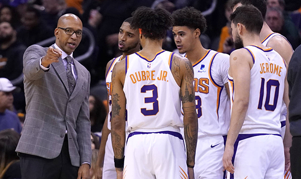 Phoenix Suns head coach Monty Williams talks to his team during a timeout in the first half during ...