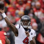 Houston Texans quarterback Deshaun Watson (4) throws a pass during the first half of an NFL divisional playoff football game against the Kansas City Chiefs, in Kansas City, Mo., Sunday, Jan. 12, 2020. (AP Photo/Charlie Riedel)