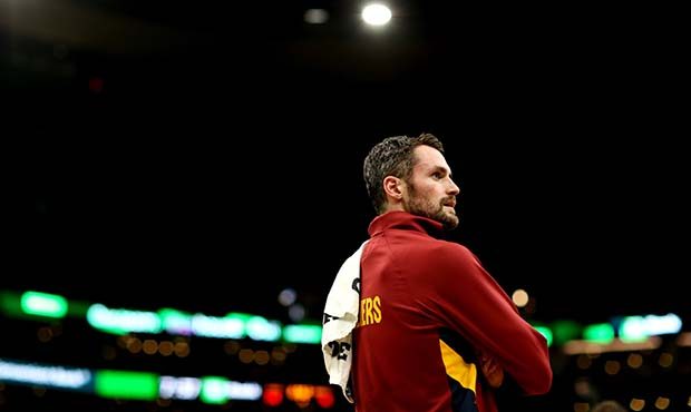 Kevin Love #0 of the Cleveland Cavaliers looks on during a timeout during the first half of the gam...