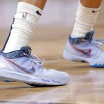 New Orleans Pelicans center Jaxson Hayes bears a memorial message on his shoes for former NBA great Kobe Bryant, who died today in a helicopter crash, in the first half of an NBA basketball game against the Boston Celtics in New Orleans, Sunday, Jan. 26, 2020. (AP Photo/Gerald Herbert)