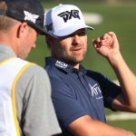 PGA pro Ryan Moore and his caddie talk after making par on No. 10 during the second round of the Waste Management Phoenix Open on Friday, Jan 31, 2020, in Scottsdale, Ariz. (Tyler Drake/Arizona Sports)