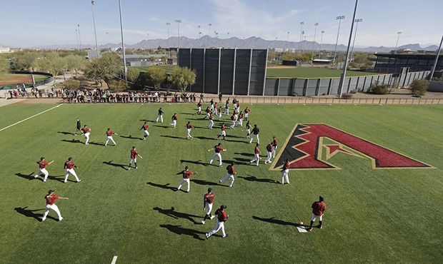 Arizona Diamondbacks pitchers stretch during spring training baseball practice, Sunday, Feb. 16, 20...