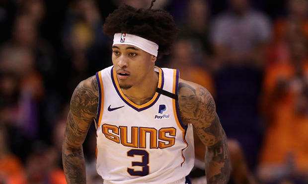 Kelly Oubre Jr. #3 of the Phoenix Suns reacts during the NBA game against the Sacramento Kings at T...