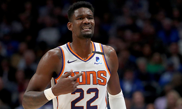 Deandre Ayton #22 of the Phoenix Suns reacts against the Dallas Mavericks in the second half at Ame...