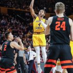 TEMPE, AZ - FEBRUARY 22:  Arizona State Sun Devils forward Kimani Lawrence (4) shoots the ball during the college basketball game between the Oregon State Beavers and the Arizona State Sun Devils on February 22, 2020 at Desert Financial Arena in Tempe, Arizona. (Photo by Kevin Abele/Icon Sportswire via Getty Images)
