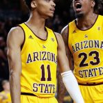 TEMPE, AZ - FEBRUARY 22:  Arizona State Sun Devils guard Alonzo Verge Jr. (11) and Arizona State Sun Devils forward Romello White (23) react to a big play during the college basketball game between the Oregon State Beavers and the Arizona State Sun Devils on February 22, 2020 at Desert Financial Arena in Tempe, Arizona. (Photo by Kevin Abele/Icon Sportswire via Getty Images)