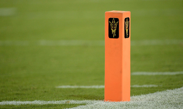 A detail view of the a pylon sitting on the field at Sun Devil Stadium during the game between Nort...