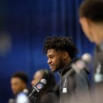 Alabama defensive back Trevon Diggs speaks during a press conference at the NFL football scouting combine in Indianapolis, Friday, Feb. 28, 2020. (AP Photo/AJ Mast)