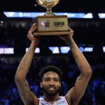 Miami Heat's Derrick Jones Jr. holds the trophy after he won the NBA All-Star slam dunk contest in Chicago, Saturday, Feb. 15, 2020. (AP Photo/Nam Y. Huh)
