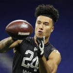 Oregon State wide receiver Isaiah Hodgins runs a drill at the NFL football scouting combine in Indianapolis, Thursday, Feb. 27, 2020. (AP Photo/Charlie Neibergall)