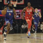 James Harden of the Houston Rockets dribbles uring the first half of the NBA All-Star basketball game Sunday, Feb. 16, 2020, in Chicago. (AP Photo/Nam Huh)