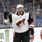Arizona Coyotes' Phil Kessel celebrates his goal against the Boston Bruins during the second period of an NHL hockey game Saturday, Feb. 8, 2020, in Boston. (AP Photo/Winslow Townson)