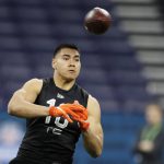 Portland State tight end Charlie Taumoepeau runs a drill at the NFL football scouting combine in Indianapolis, Thursday, Feb. 27, 2020. (AP Photo/Charlie Neibergall)
