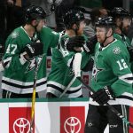 Dallas Stars center Radek Faksa (12) celebrates his goal against the Arizona Coyotes with right wing Alexander Radulov (47) during the second period of an NHL hockey game in Dallas, Wednesday, Feb. 19, 2019. (AP Photo/Michael Ainsworth)