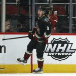 Arizona Coyotes right wing Clayton Keller shouts as he celebrates his goal against the Buffalo Sabres during the second period of an NHL hockey game Saturday, Feb. 29, 2020, in Glendale, Ariz. (AP Photo/Ross D. Franklin)
