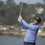 Phil Mickelson follows his shot from the seventh tee of the Pebble Beach Golf Links during the third round of the AT&T Pebble Beach National Pro-Am golf tournament Saturday, Feb. 8, 2020, in Pebble Beach, Calif. (AP Photo/Eric Risberg)