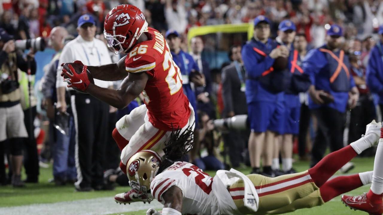 Kansas City Chiefs' Damien Williams (26) scores a touchdown against the San Francisco 49ers during ...