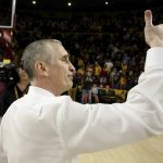 Arizona State head coach Bobby Hurley gives a thumbs up to the crowd after his team upset Oregon 77-72 during a NCAA college basketball game Thursday, Feb. 20, 2020, in Tempe, Ariz. (AP Photo/Darryl Webb)