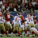 San Francisco 49ers Robbie Gould kicks a field goal as Mitch Wishnowsky holds, right, during the second half of the NFL Super Bowl 54 football game against the Kansas City Chiefs Sunday, Feb. 2, 2020, in Miami Gardens, Fla. (AP Photo/John Bazemore)