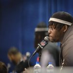 South Carolina defensive lineman Javon Kinlaw speaks during a press conference at the NFL football scouting combine in Indianapolis, Thursday, Feb. 27, 2020. (AP Photo/AJ Mast)