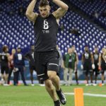 Notre Dame tight end Cole Kmet runs a drill at the NFL football scouting combine in Indianapolis, Thursday, Feb. 27, 2020. (AP Photo/Michael Conroy)