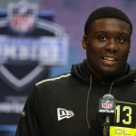 LSU offensive lineman Lloyd Cushenberry speaks during a press conference at the NFL football scouting combine in Indianapolis, Wednesday, Feb. 26, 2020. (AP Photo/Michael Conroy)
