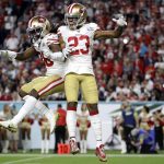 San Francisco 49ers' Marcell Harris, left, celebrates with Ahkello Witherspoon during the second half of the NFL Super Bowl 54 football game against the Kansas City Chiefs Sunday, Feb. 2, 2020, in Miami Gardens, Fla. (AP Photo/Patrick Semansky)