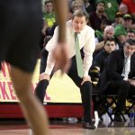 Oregon coach Dana Altman watches the team of defense against Arizona State during the second half of an NCAA college basketball game Thursday, Feb. 20, 2020, in Tempe, Ariz. (AP Photo/Darryl Webb)
