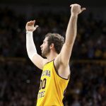 Arizona State's Mickey Mitchell gestures to the crowd during the second half of the team's NCAA college basketball game against Oregon on Thursday, Feb. 20, 2020, in Tempe, Ariz. (AP Photo/Darryl Webb)