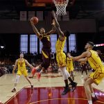 Arizona State guard Rob Edwards (2) drives to the basket against Southern California during the first half of an NCAA college basketball game Saturday, Feb. 29, 2020, in Los Angeles. (AP Photo/Marcio Jose Sanchez)
