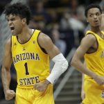 Arizona State guard Remy Martin (1) reacts after scoring against California during the second half of an NCAA college basketball game in Berkeley, Calif., Sunday, Feb. 16, 2020. (AP Photo/Jeff Chiu)