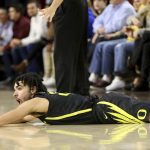 Oregon's Addison Patterson reacts after getting fouling Arizona State's Alonzo Verge  during the second half of an NCAA college basketball game Thursday, Feb. 20, 2020, in Tempe, Ariz.(AP Photo/Darryl Webb)
