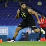 Missouri offensive lineman Yasir Durant runs a drill at the NFL football scouting combine in Indianapolis, Friday, Feb. 28, 2020. (AP Photo/Michael Conroy)