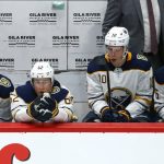 Buffalo Sabres' Curtis Lazar, Brandon Montour, Henri Jokiharju and Rasmus Ristolainen, from left, sit on the bench in the closing seconds of the team's NHL hockey game against the Arizona Coyotes on Saturday, Feb. 29, 2020, in Glendale, Ariz. The Coyotes won 5-2. (AP Photo/Ross D. Franklin)