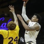 California forward Andre Kelly, right, shoots over Arizona State forward Jalen Graham (24) during the first half of an NCAA college basketball game in Berkeley, Calif., Sunday, Feb. 16, 2020. (AP Photo/Jeff Chiu)