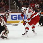 Carolina Hurricanes right wing Andrei Svechnikov (37) has his shot blocked by Arizona Coyotes goaltender Antti Raanta during the third period of an NHL hockey game Thursday, Feb. 6, 2020, in Glendale, Ariz. The Hurricanes won 5-3. (AP Photo/Ross D. Franklin)