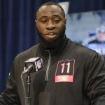 Oklahoma defensive lineman Neville Gallimore speaks during a press conference at the NFL football scouting combine in Indianapolis, Thursday, Feb. 27, 2020. (AP Photo/AJ Mast)