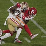 San Francisco 49ers' Kendrick Bourne (84) is tackled by Kansas City Chiefs' Charvarius Ward (35), during the second half of the NFL Super Bowl 54 football game Sunday, Feb. 2, 2020, in Miami Gardens, Fla. (AP Photo/Charlie Riedel)