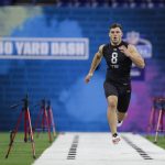Notre Dame tight end Cole Kmet runs the 40-yard dash at the NFL football scouting combine in Indianapolis, Thursday, Feb. 27, 2020. (AP Photo/Michael Conroy)