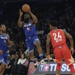 James Harden of the Houston Rockets looks to pass during the first half of the NBA All-Star basketball game Sunday, Feb. 16, 2020, in Chicago. (AP Photo/Nam Huh)