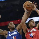 Kawhi Leonard of the Los Angeles Clippers blocks a shot of Giannis Antetokounmpo of the Milwaukee Bucks during the second half of the NBA All-Star basketball game Sunday, Feb. 16, 2020, in Chicago. (AP Photo/Nam Huh)