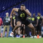 Texas Tech offensive lineman Terence Steele runs a drill at the NFL football scouting combine in Indianapolis, Friday, Feb. 28, 2020. (AP Photo/Michael Conroy)