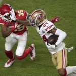 San Francisco 49ers' Kendrick Bourne (84) avoids a tackle by Kansas City Chiefs' Charvarius Ward (35), during the second half of the NFL Super Bowl 54 football game Sunday, Feb. 2, 2020, in Miami Gardens, Fla. (AP Photo/Charlie Riedel)