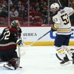Arizona Coyotes goaltender Antti Raanta (32) makes a save on a shot by Buffalo Sabres left wing Jeff Skinner (53) during the second period of an NHL hockey game Saturday, Feb. 29, 2020, in Glendale, Ariz. (AP Photo/Ross D. Franklin)