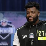 Houston offensive lineman Joshua Jones speaks during a press conference at the NFL football scouting combine in Indianapolis, Wednesday, Feb. 26, 2020. (AP Photo/Michael Conroy)