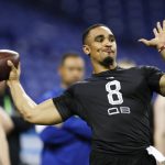 Oklahoma quarterback Jalen Hurts runs a drill at the NFL football scouting combine in Indianapolis, Thursday, Feb. 27, 2020. (AP Photo/Charlie Neibergall)