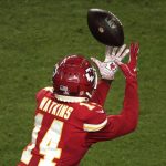 Kansas City Chiefs' Sammy Watkins (14) catches a pass, during the second half of the NFL Super Bowl 54 football game against the San Francisco 49ers, Sunday, Feb. 2, 2020, in Miami Gardens, Fla. (AP Photo/Charlie Riedel)
