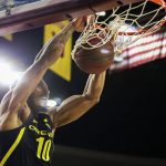 Oregon's Shakur Juiston (10) throws down a dunk against Arizona State during the first half of an NCAA college basketball game Thursday, Feb. 20, 2020, in Tempe, Ariz. (AP Photo/Darryl Webb)