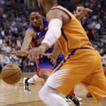 Detroit Pistons guard Brandon Knight turns over the ball against the Phoenix Suns during the first half of an NBA game, Friday, Feb. 28, 2020, in Phoenix. (AP Photo/Matt York)